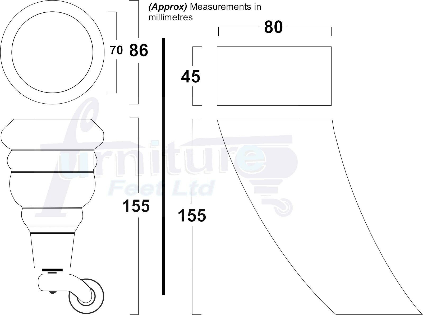 Turned Raw Wood Furniture Feet 2 With Castors 155mm and 2 Curved Back Legs Sofas Chairs Stools Cabinets Beds M8 6 Inches