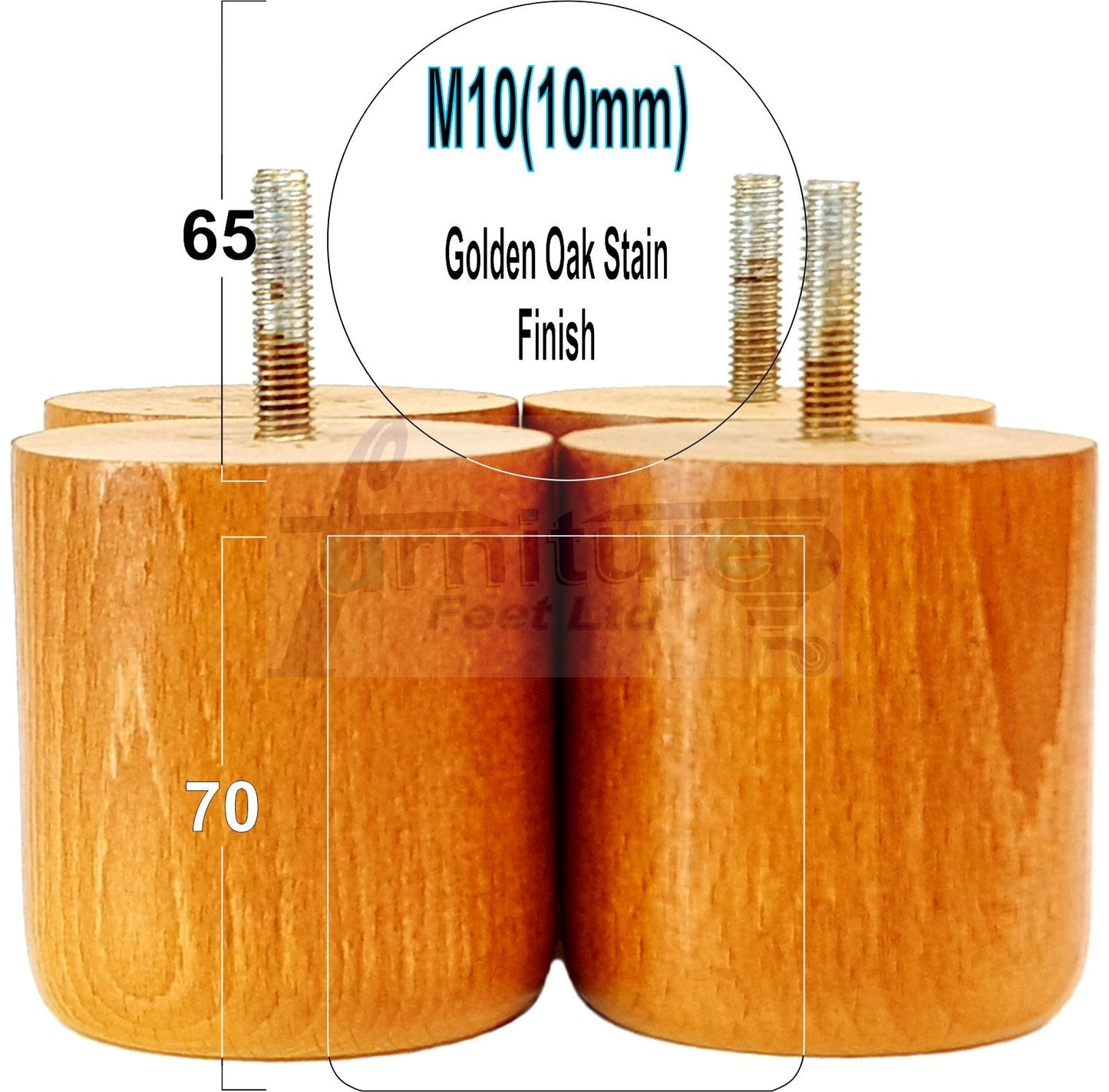 4x Solid Wood Turned Furniture Legs Replacement Bun Feet 70mm High 10mm Thread