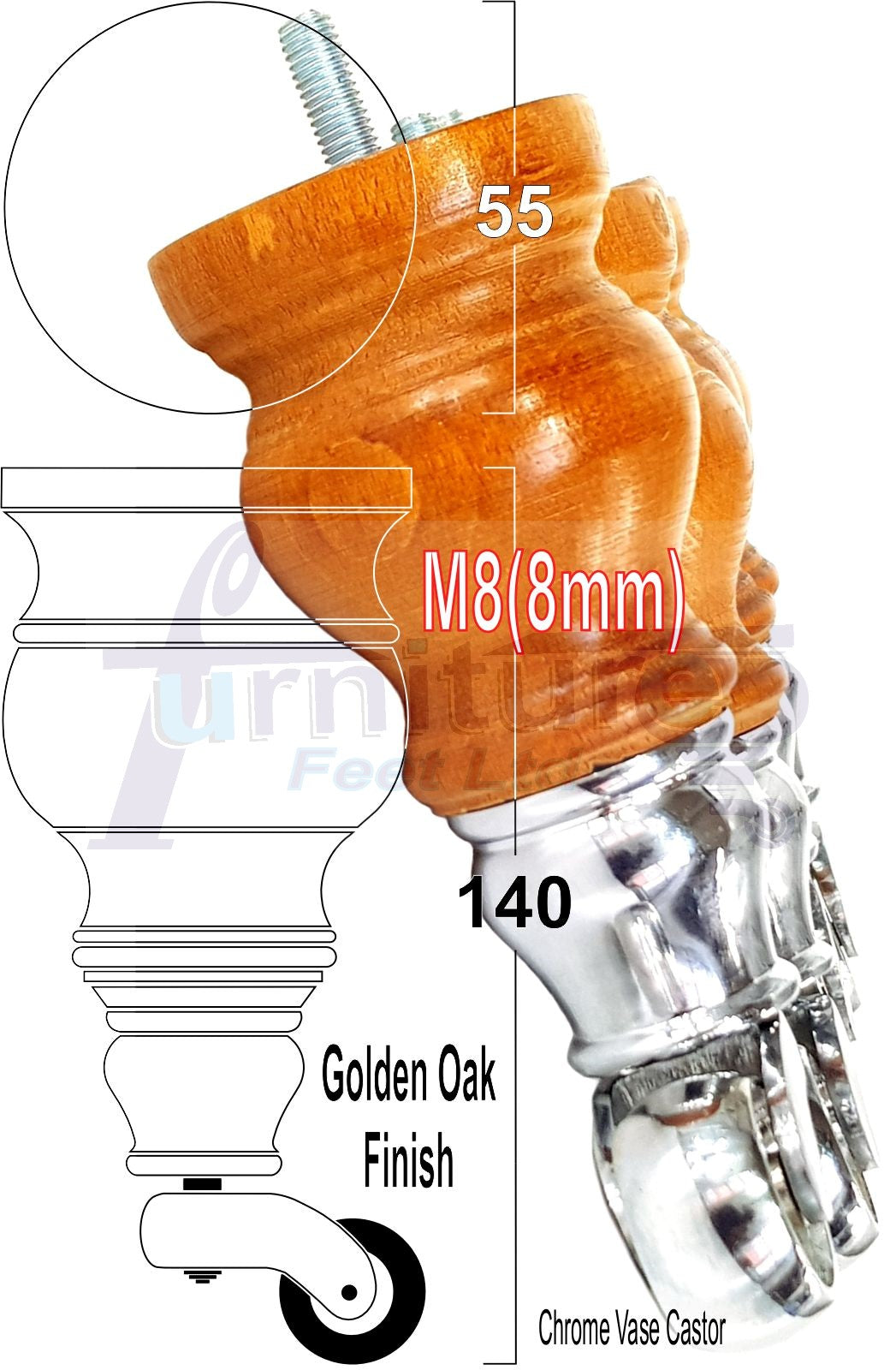 Set Of 4 Turned Wood Furniture Legs With 150mm High Castor 8mm Thread For Chairs Settees & Cabinets Golden Oak Finish