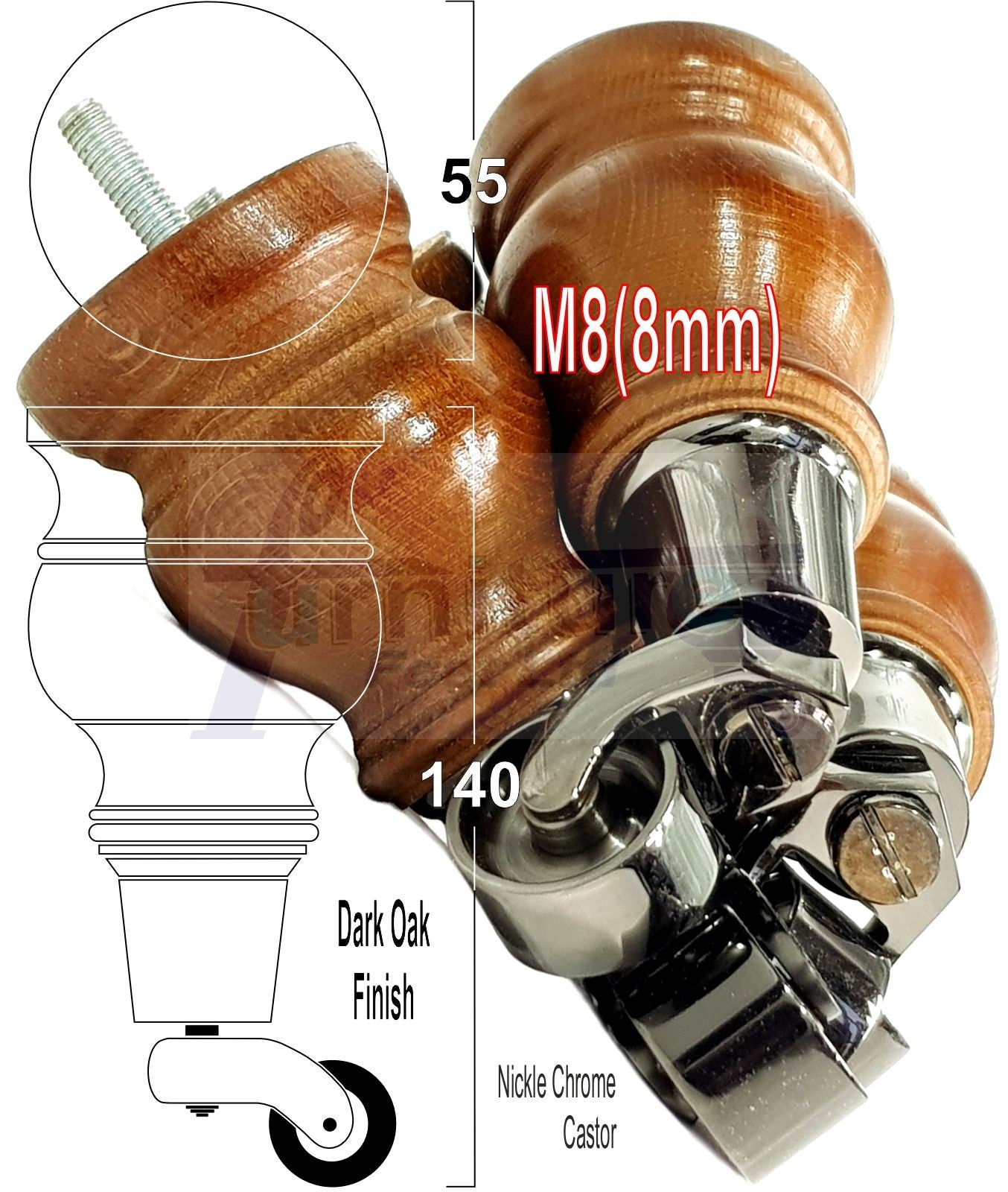 Set Of 4 Turned Wood Furniture Legs With 150mm High Castor 8mm Thread For Chairs Settees & Cabinets Dark Oak Finish