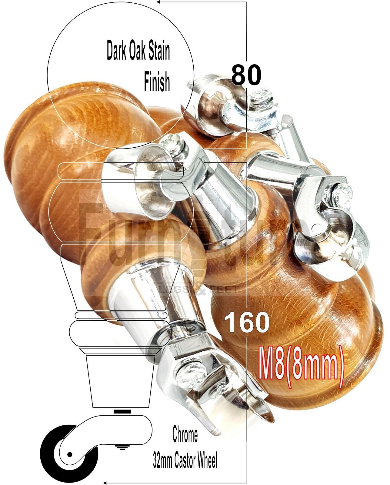 4 Turned Wood Feet Dark Oak Stain Castor Legs Chair Furniture Stools Sofa Chairs M8 160mm 6 Inch High