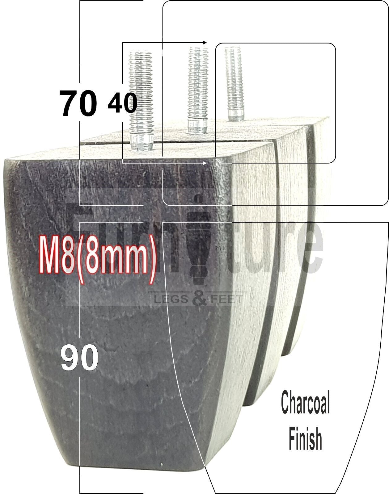 Set Of 4 Solid Wooden Block Furniture Feet Replacement Legs 90mm High M8(8mm)