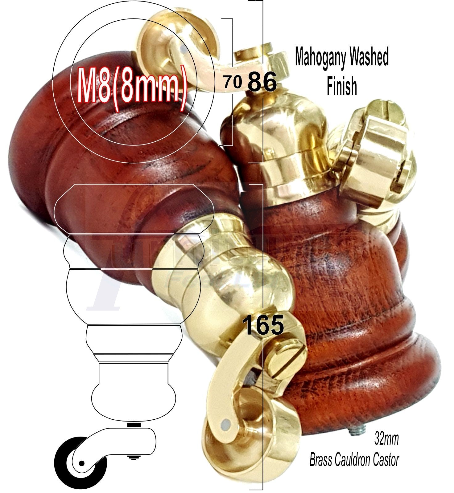 4 Turned Wood Furniture Feet With Brass Cauldron Castors 160mm Legs Sofas Chairs Stools Cabinets Beds M8 6 Inches