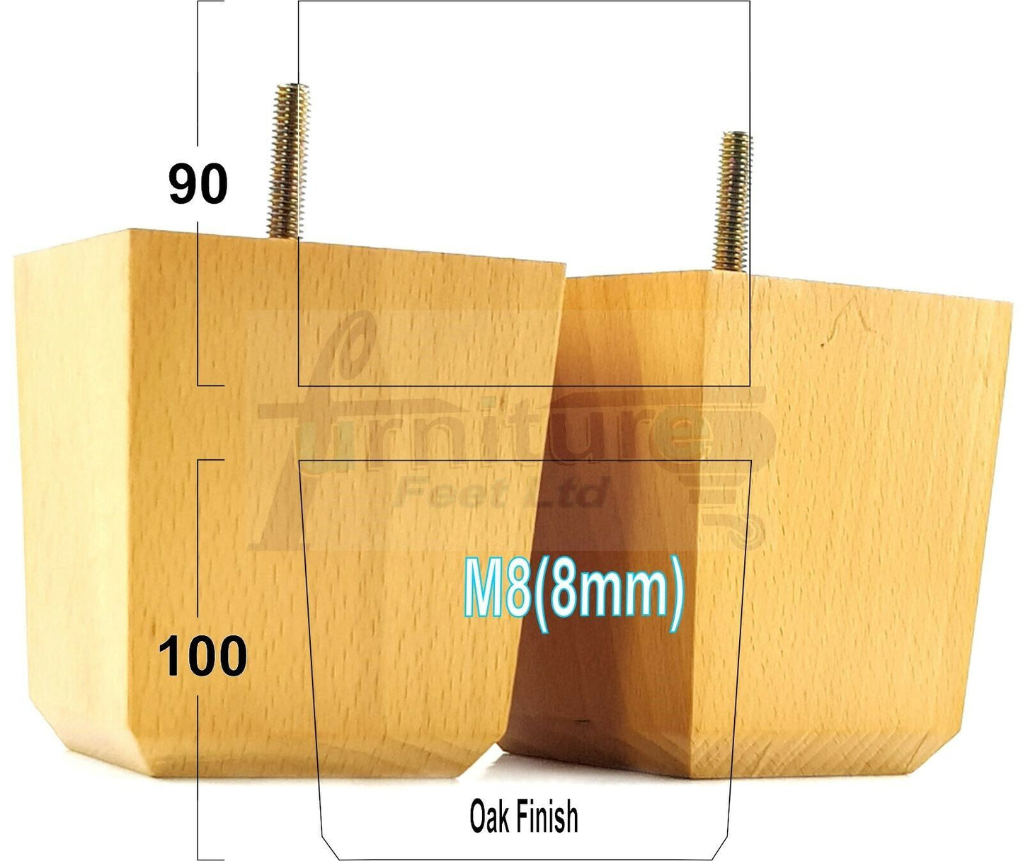 4x Solid Wood Square Furniture Legs Block Replacement Feet 100mm M8(8mm)
