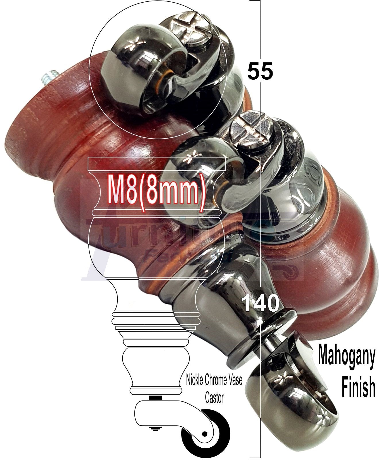 Set Of 4 Turned Wood Furniture Legs With140mm High Castor 8mm Thread For Chairs Settees & Cabinets