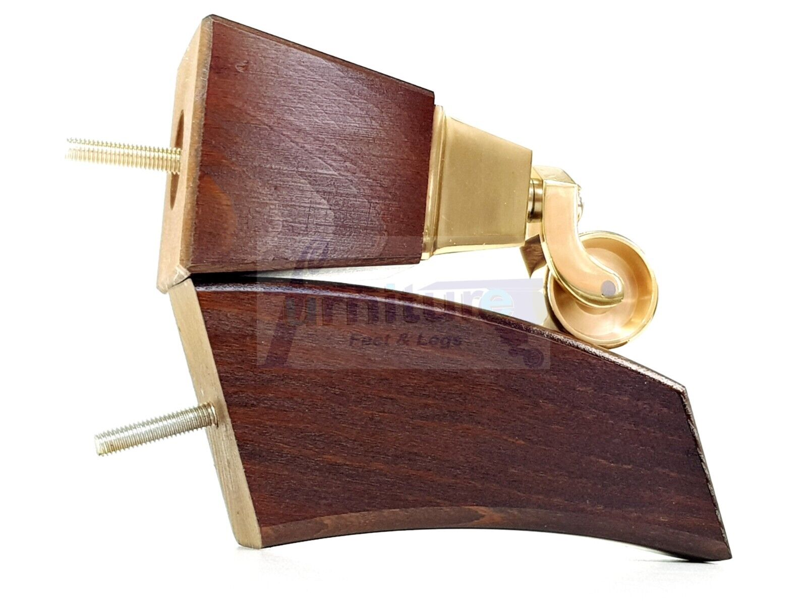 2x Cuved Wood Furniture Legs & 2x Brass Castor Feet 150mm High For Chairs Sofas Settees 8mm Thread