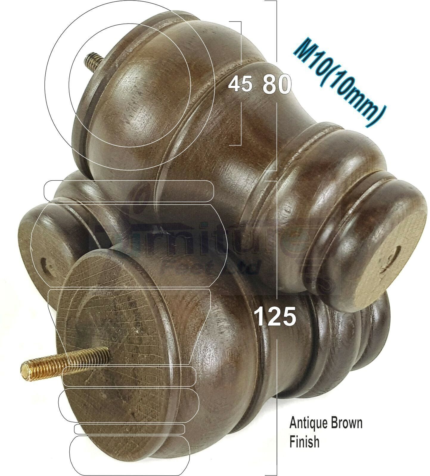 4 Turned Wood Furniture Legs M10 Thread Replacement Feet 125mm High Sofa Chairs Beds