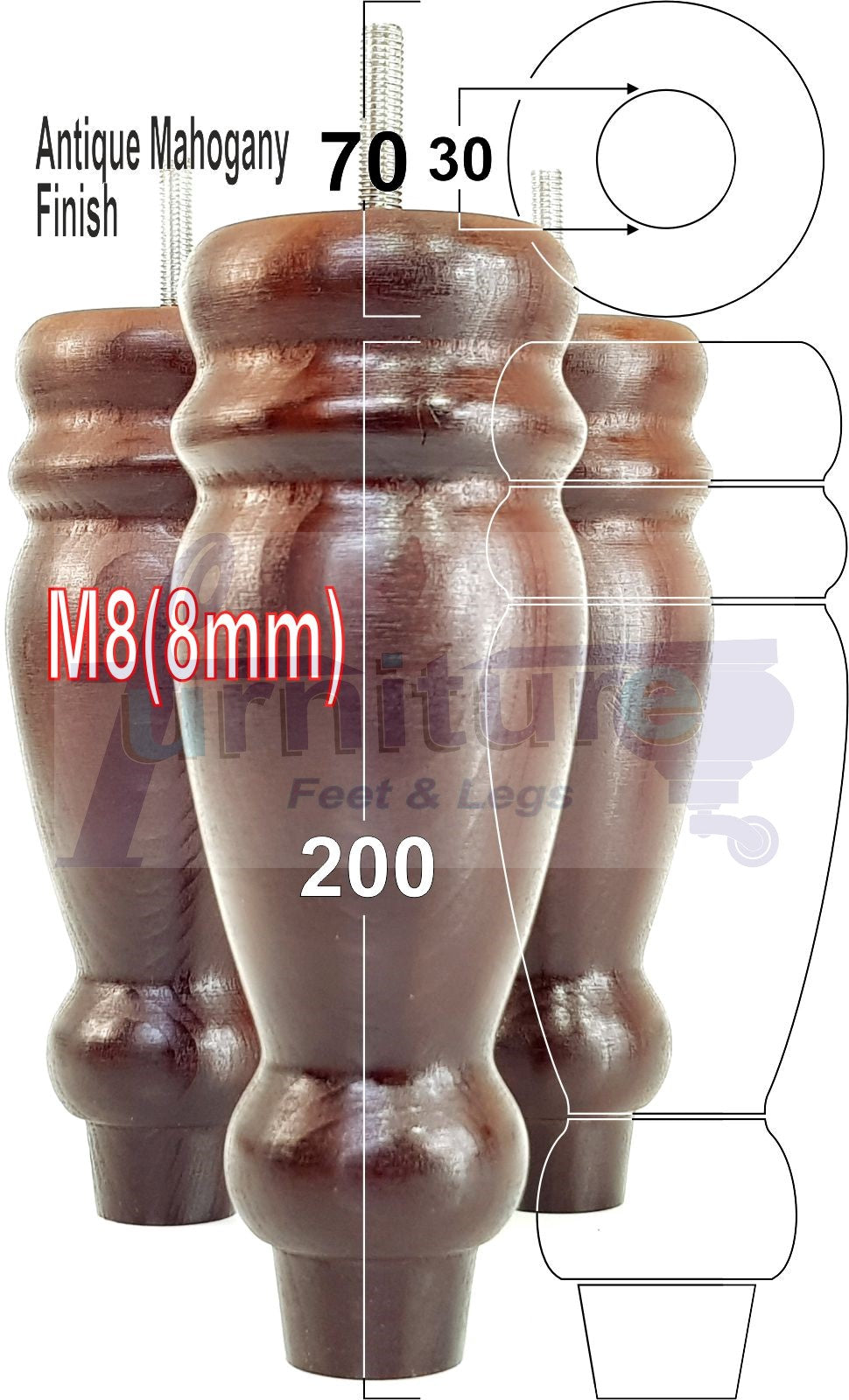 Set Of 4 Turned Furniture Legs Replacement Sofa Feet 200mm High M8 Thread