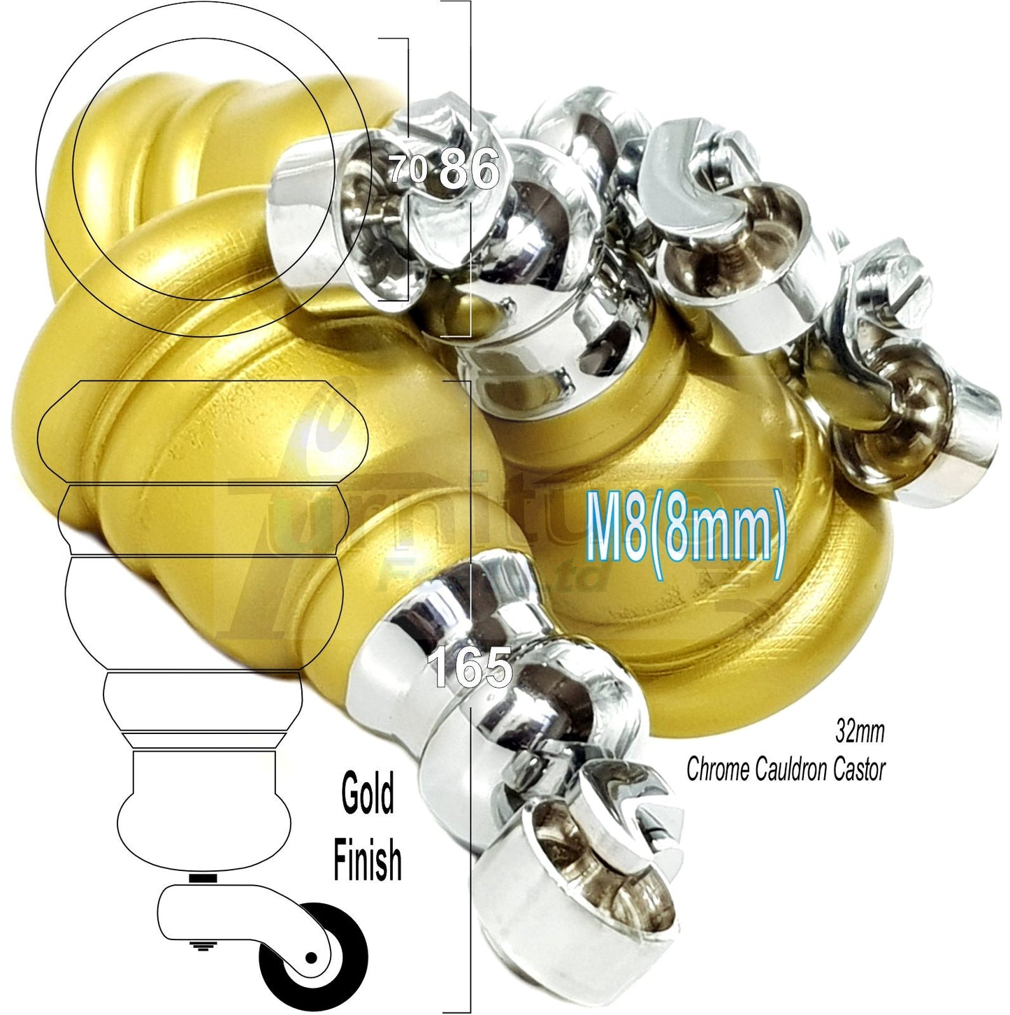 4 Turned Wood Furniture Feet With Chrome Cauldron Castors 155mm Legs Sofas Chairs Stools Cabinets Beds M8 6 Inches