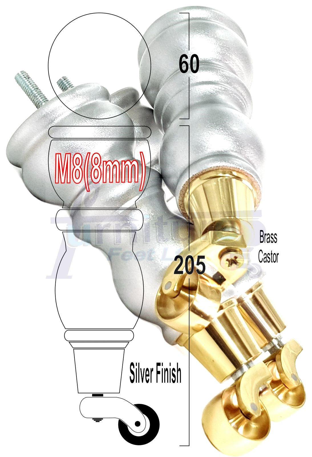 4x Furniture Feet With Castor 205mm High Legs Silver Wood M8 Sofas Chairs Stools Cabinets 8 Inches Tall