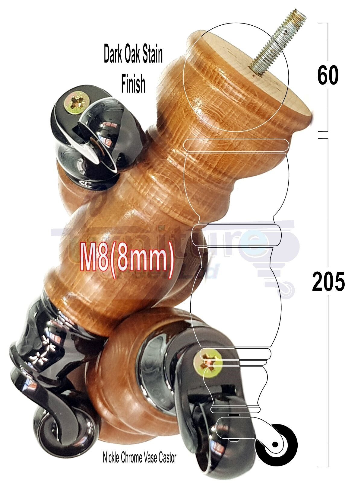 4x Furniture Feet With Castor 205mm High Legs Dark Oak Wood M8 Sofas Chairs Stools Cabinets 8 Inches Tall