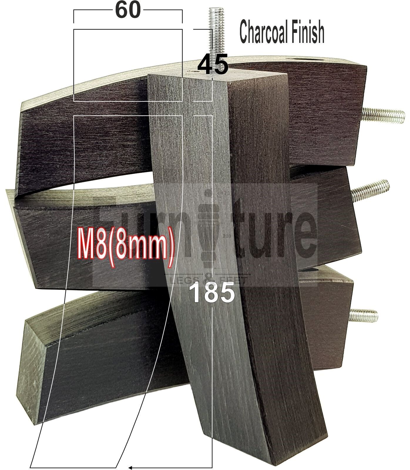 Set Of 4 Solid Wood Curved Furniture Feet Replacement Legs 185mm High M8(8mm)