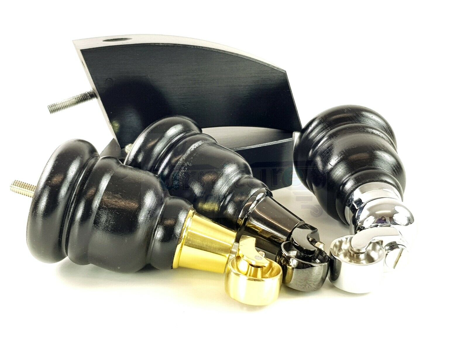 Black Turned Wood Furniture Feet 2 With Castors 155mm and 2 Curved Back Legs Sofas Chairs Stools Cabinets Beds M8 6 Inches