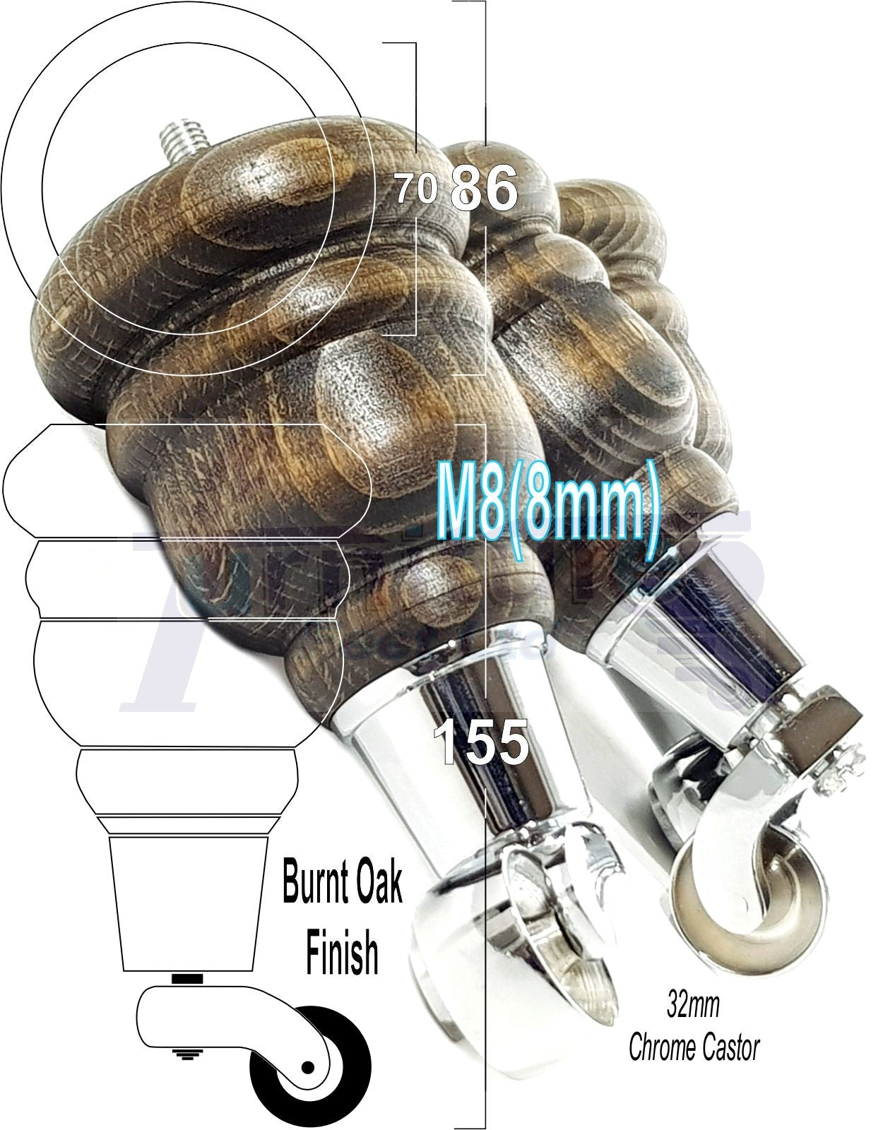 4 Turned Wood Furniture Feet With Chrome Castors 155mm Legs Sofas Chairs Stools Cabinets Beds M8 6 Inches
