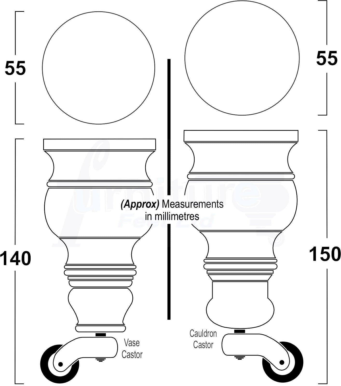 2x Turned Wood Furniture Feet With Brass Castors M8 Chair Sofa Settee Legs 150mm