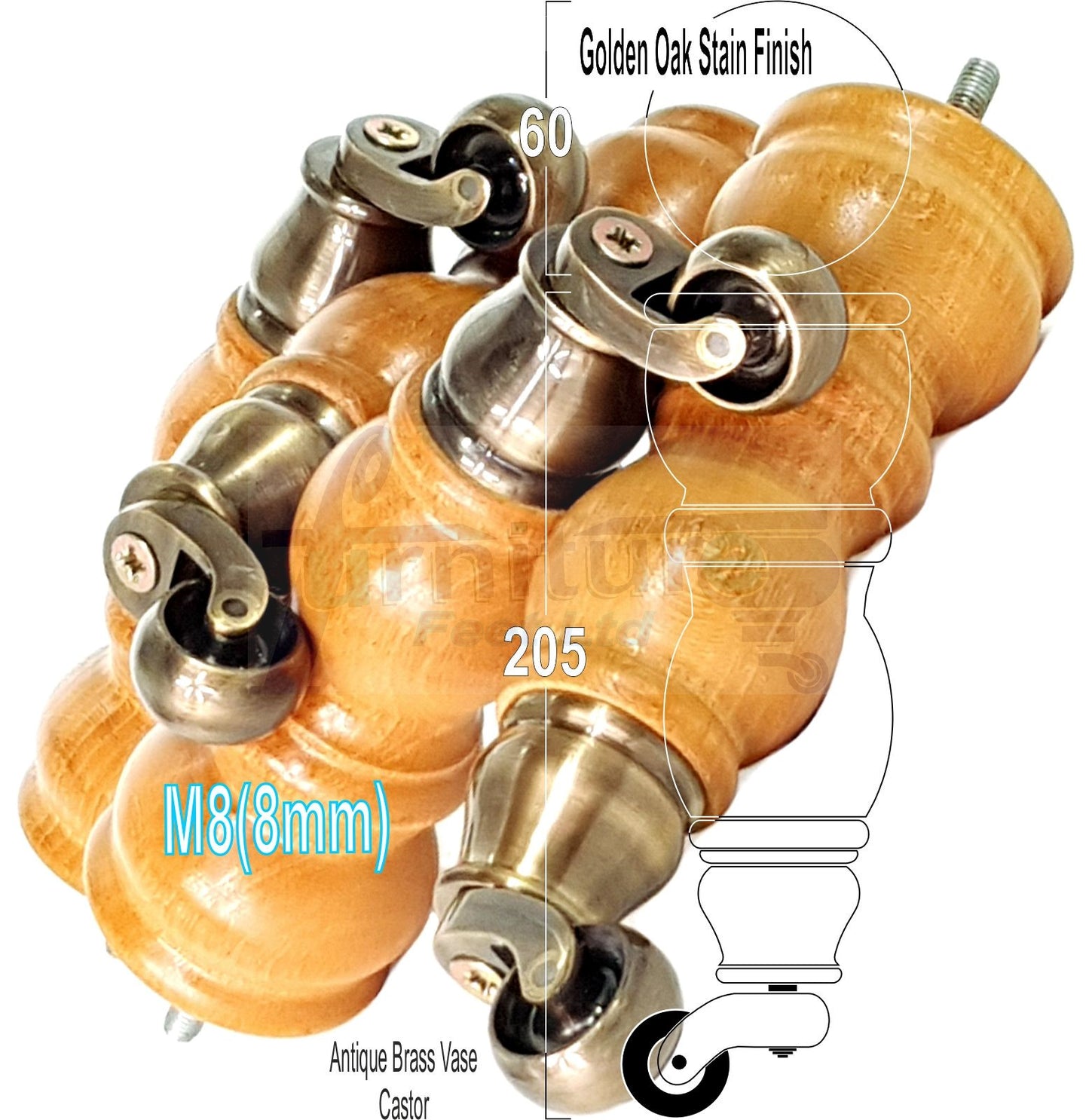 Solid Wood Furniture Feet With Castors Set of 4 Legs 205mm High For Sofas Chairs Stools Cabinets & Beds M8