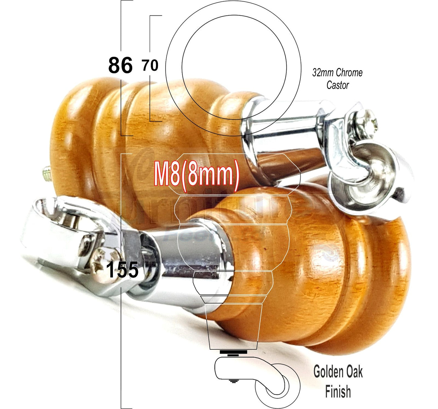 4 Turned Wood Furniture Feet With Chrome Castors 155mm Legs Sofas Chairs Stools Cabinets Beds M8 6 Inches