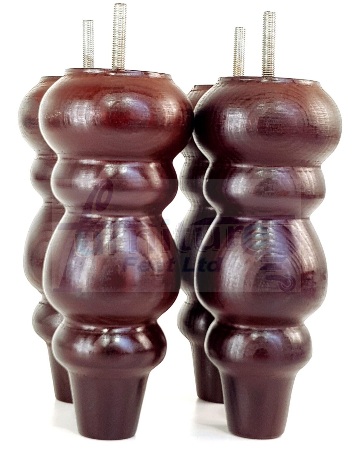 4 Solid Wood Furniture Legs Replacement Turned Feet 200mm High M8(8mm) Thread: Antique Mahogany