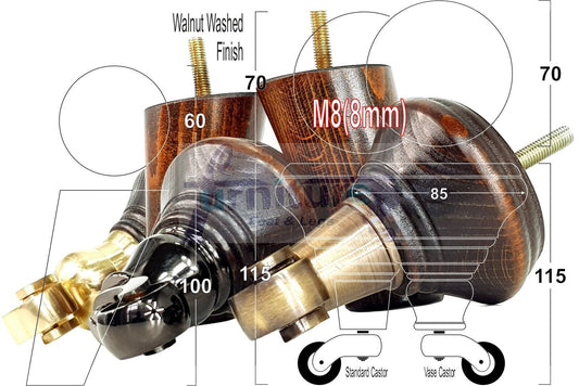2 Dark Walnut Washed Wood Furniture Sofa Legs With Castor 125mm & 2 Angled Back Feet Chair Settee 100mm High M8
