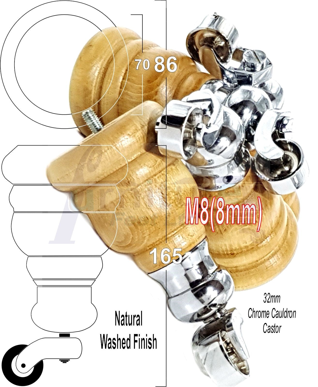 4 Turned Wood Furniture Feet With Chrome Cauldron Castors 155mm Legs Sofas Chairs Stools Cabinets Beds M8 6 Inches