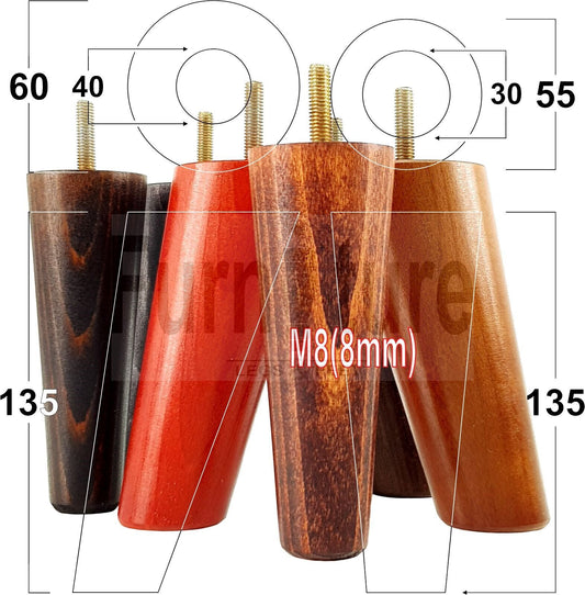 4 Solid Wood Turned Furniture Feet Replacement Mid Centry 2 Angled Retro Legs 135mm High 2 Straight M8 Sofa Chairs Stools Cabinets Beds