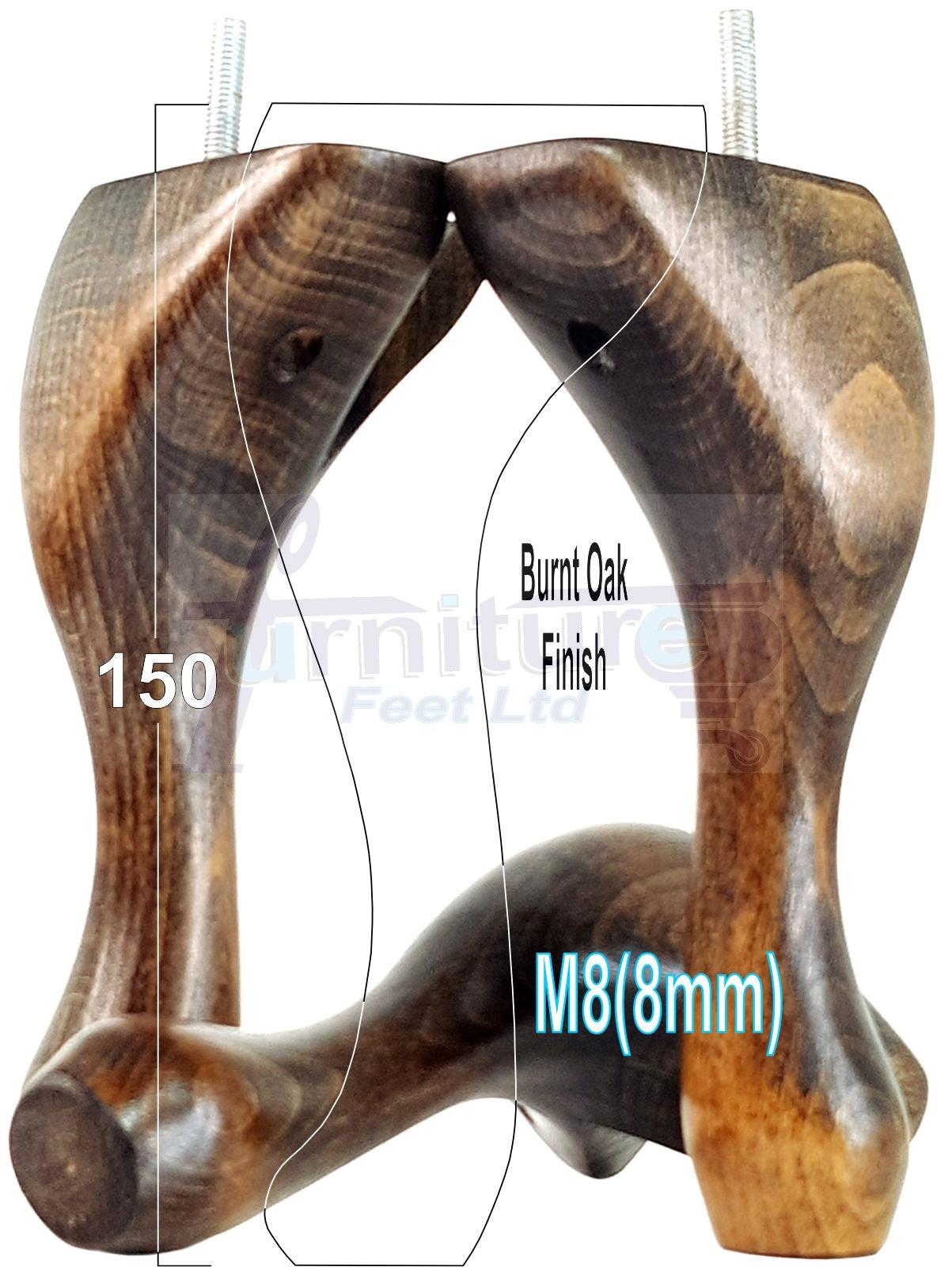 4 Solid Wood Furniture Feet 150mm High Queen Anne Replacement Legs M8 (8mm) 6 Inches Chair Stools Bed Sofa Georgian Style