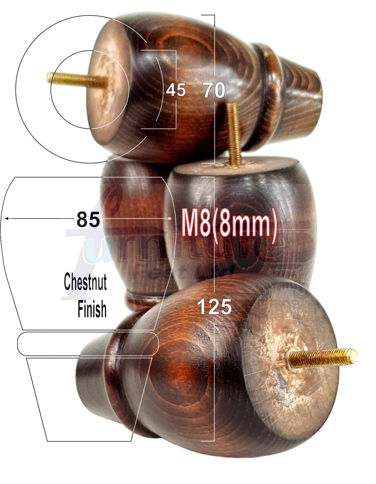 Set Of 4 Solid Wood Turned Replacement Furniture Legs 125mm High 8mm Thread