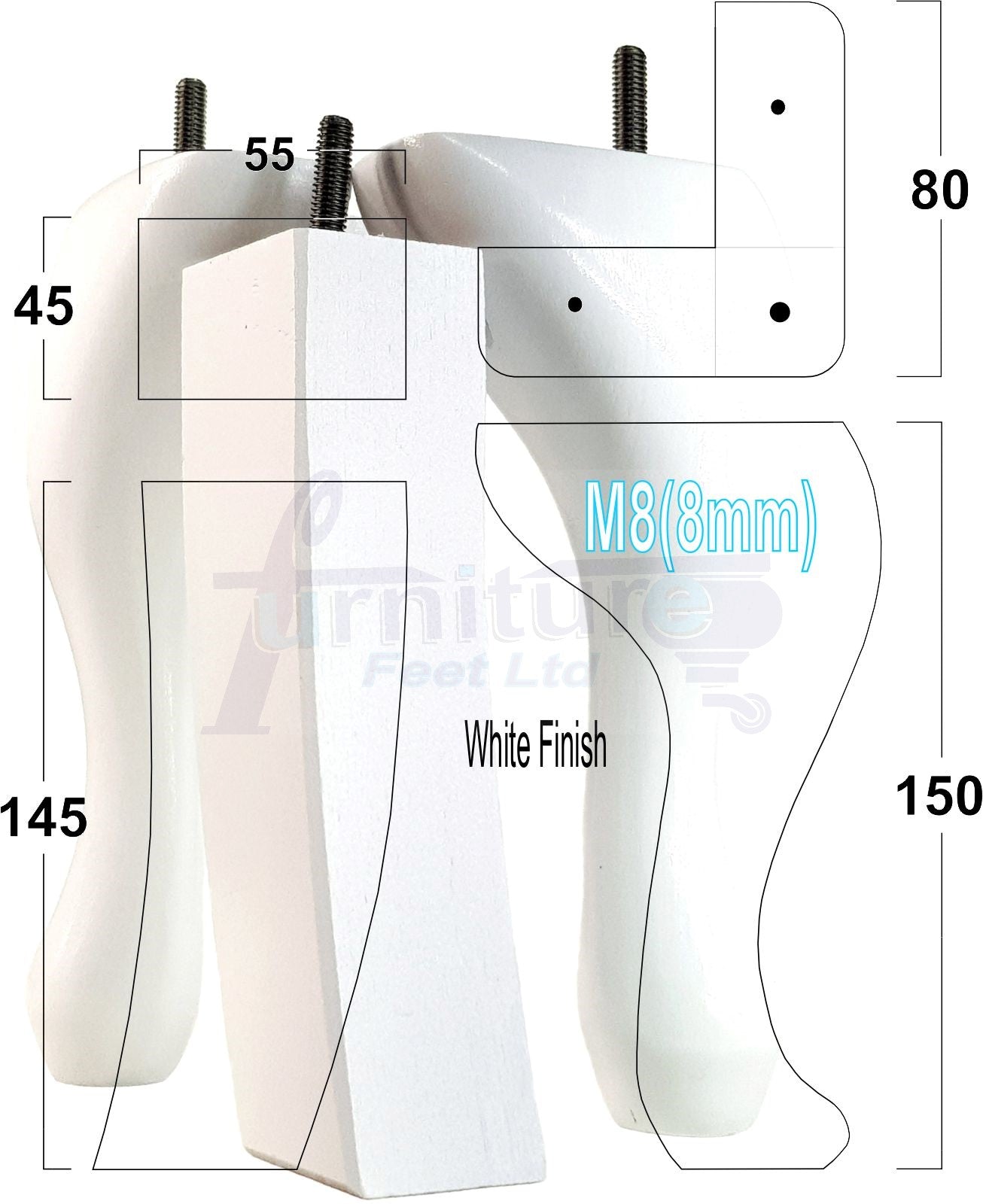 2x Vintage Queen Anne Replacement Furniture Legs & 2x Curved Back Feet 150mm 6 Inch High 8mm Thread
