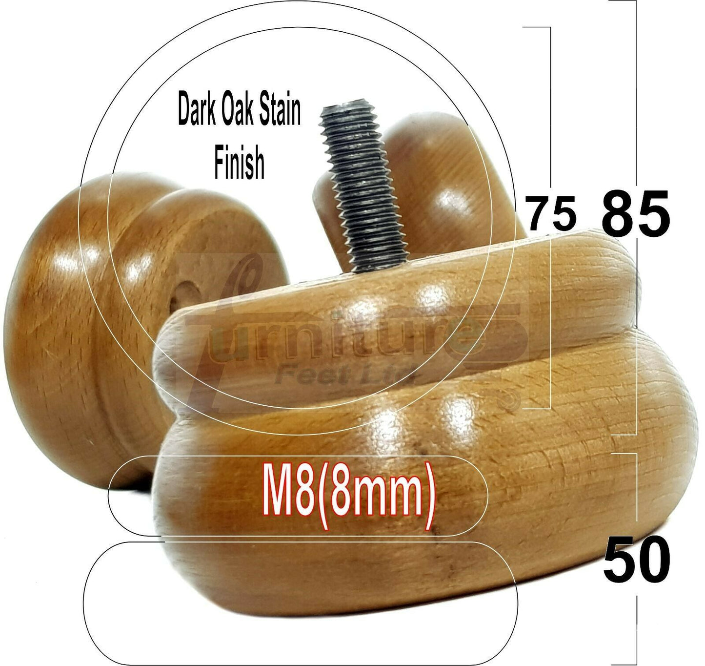 Set Of 4 Turned Wooden Furniture Legs Replacement Bun Feet 50mm High 8mm Thread