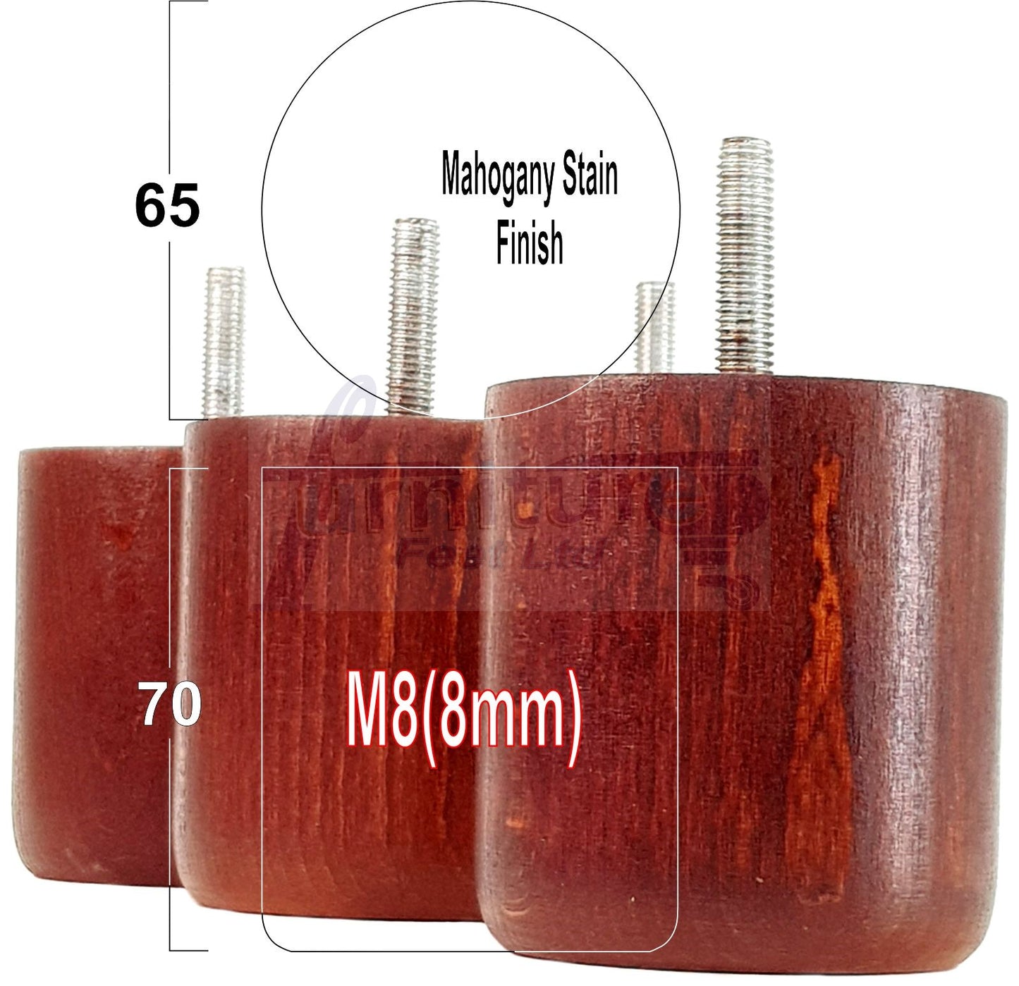 4x Solid Wood Turned Furniture Legs Replacement Bun Feet 70mm High 8mm Thread