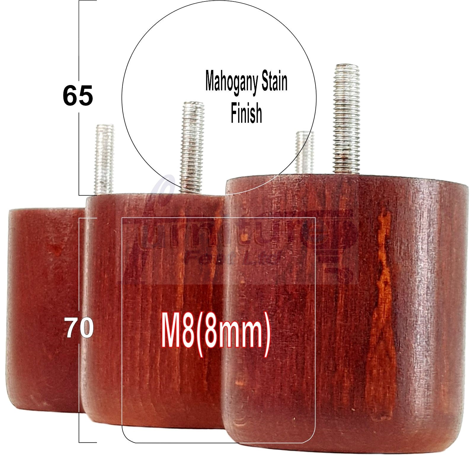 4x Solid Wood Turned Furniture Legs Replacement Bun Feet 70mm High 8mm Thread