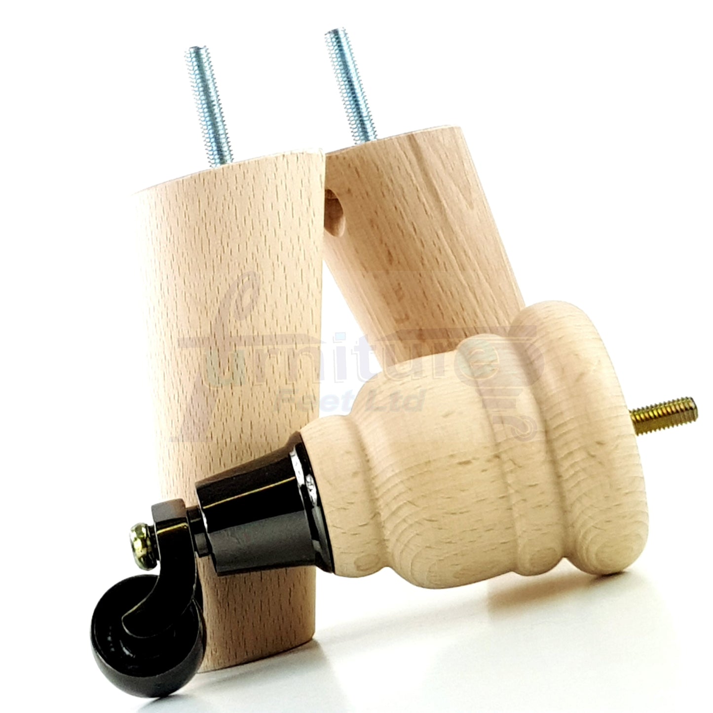 Raw Turned Wood Replacement Furniture Legs 2x with Black Castors and 2x Angled Back Legs M8 Dowl Fitting 155mm High 6 Inches
