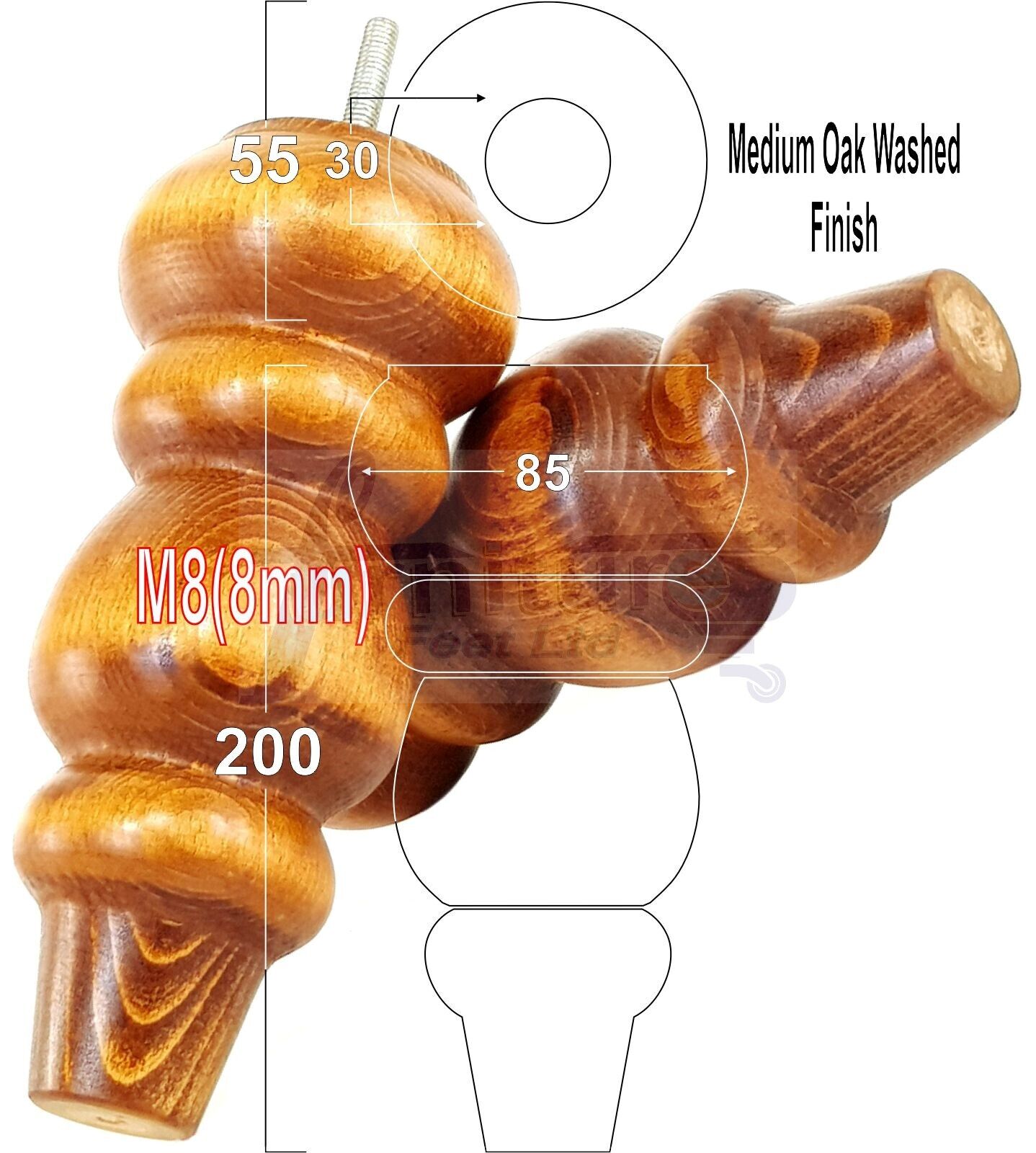 Solid Wood Furniture Feet Replacement Turned Legs 200mm High Chairs Stools Sofa's Beds Settee Cabinets M8 Various Colours Set of 4