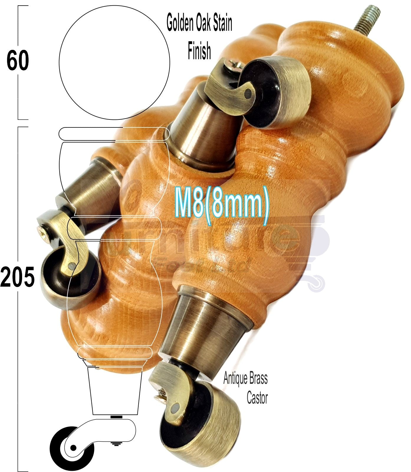 Solid Wood Furniture Feet With Castors Set of 4 Legs 205mm High For Sofas Chairs Stools Cabinets & Beds M8