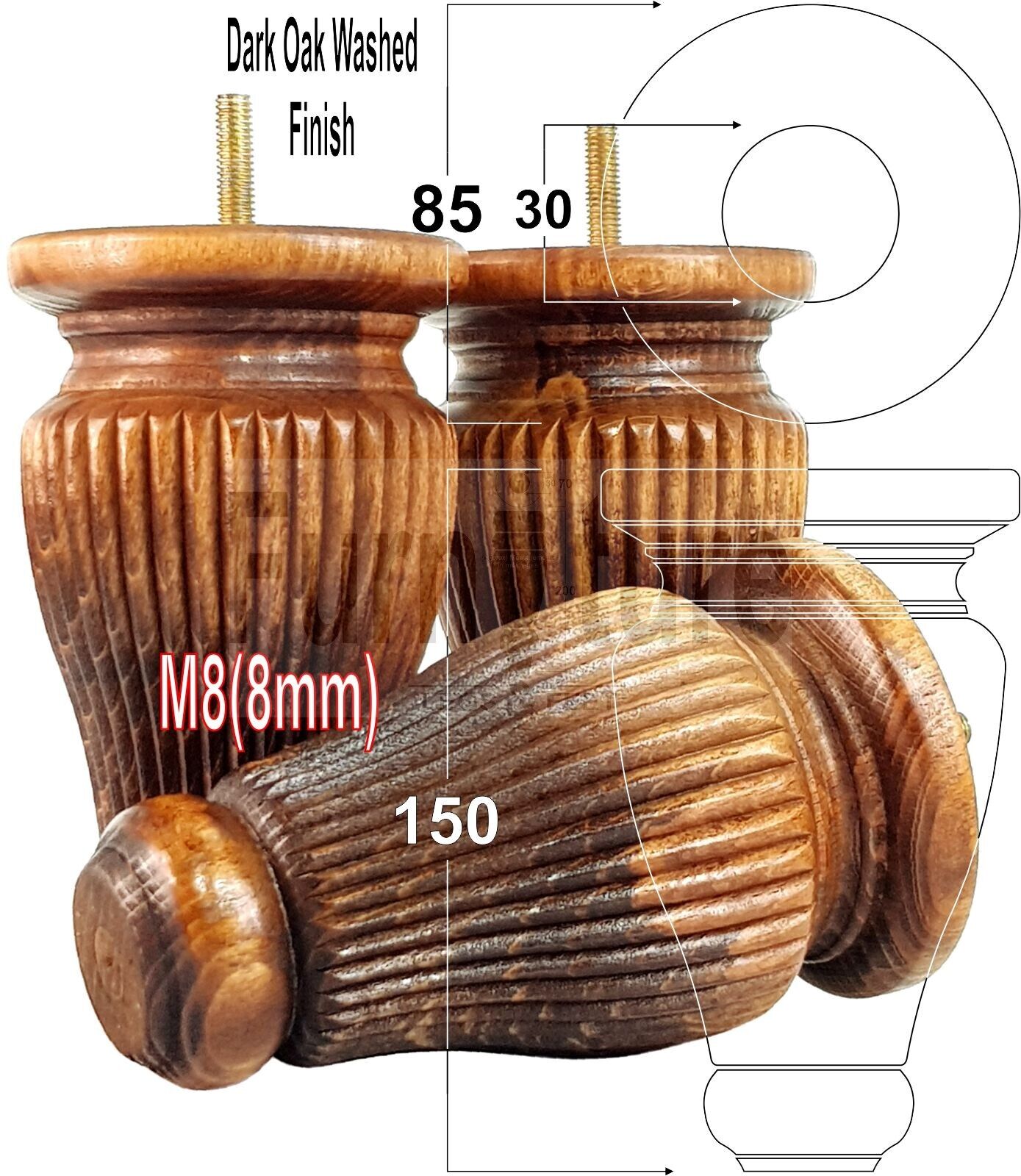4 Solid Wood Traditional Turned Furniture Legs Replacement Bun Feet 150mm High Multiple Colours Chairs Stools Sofas Beds Settee Cabinets M8