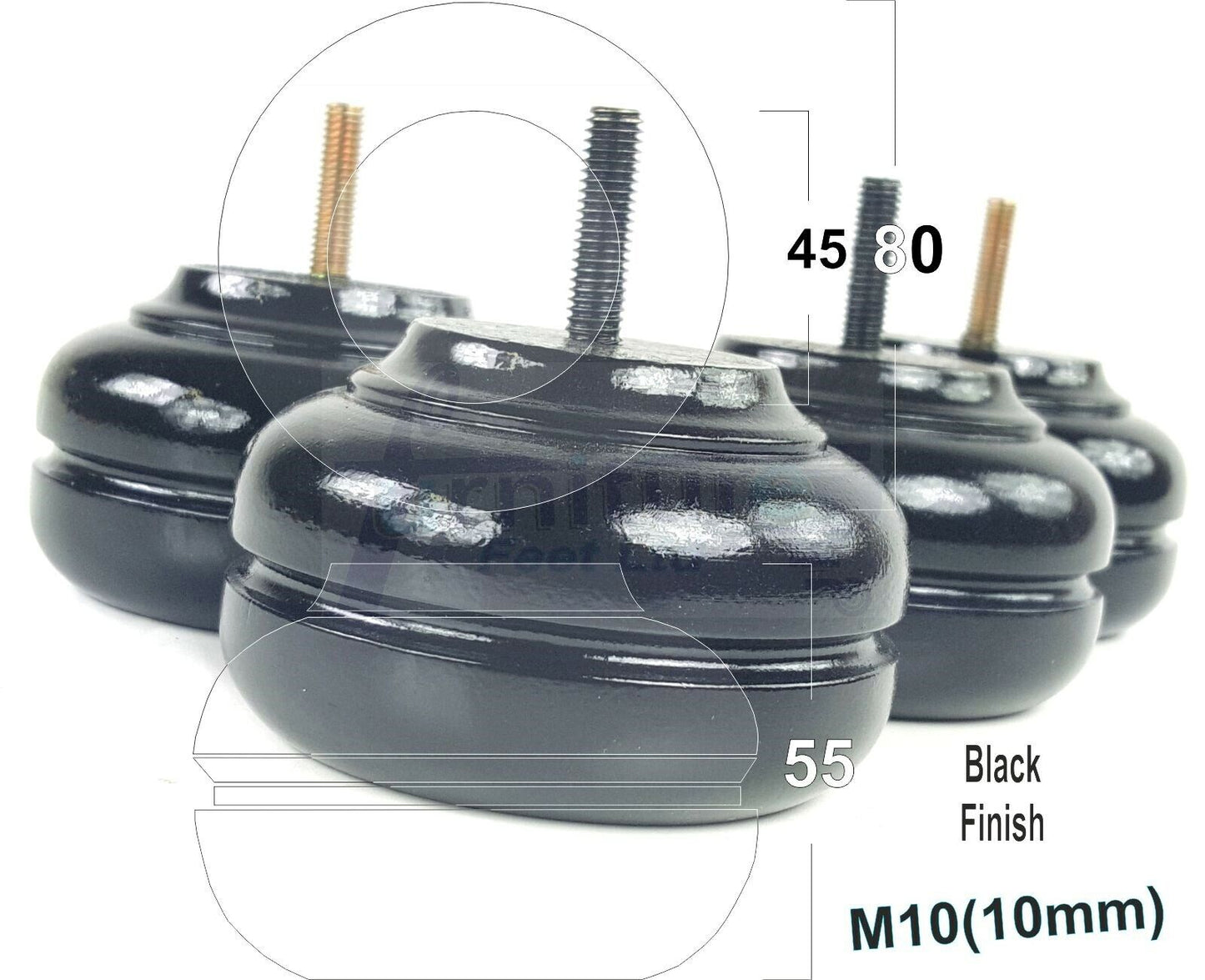 4 Wood Turned Replacement Furniture Legs Sofa, Chair, Settee Feet 55mm High M10 Thread