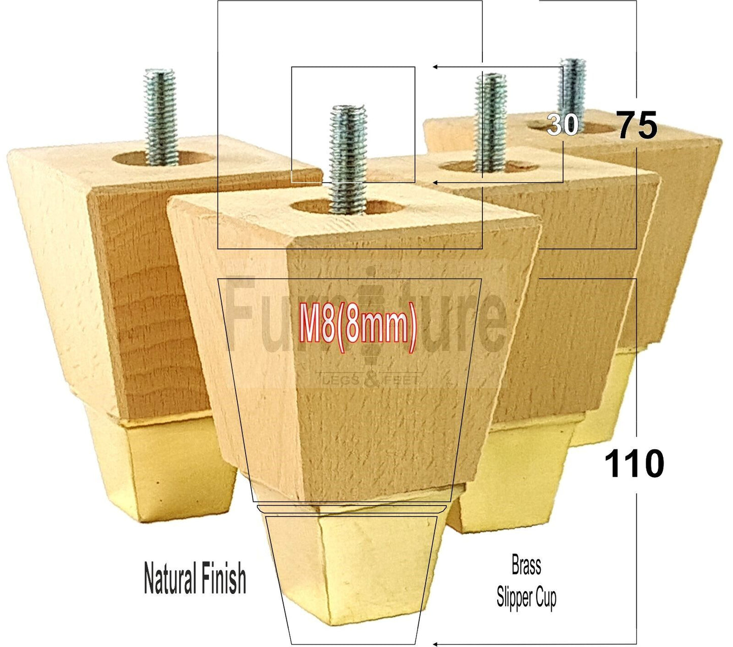 4x Block Wood With A Brass Slipper Cup Furniture Chair Settee Legs M8 Sofa Feet 110mm