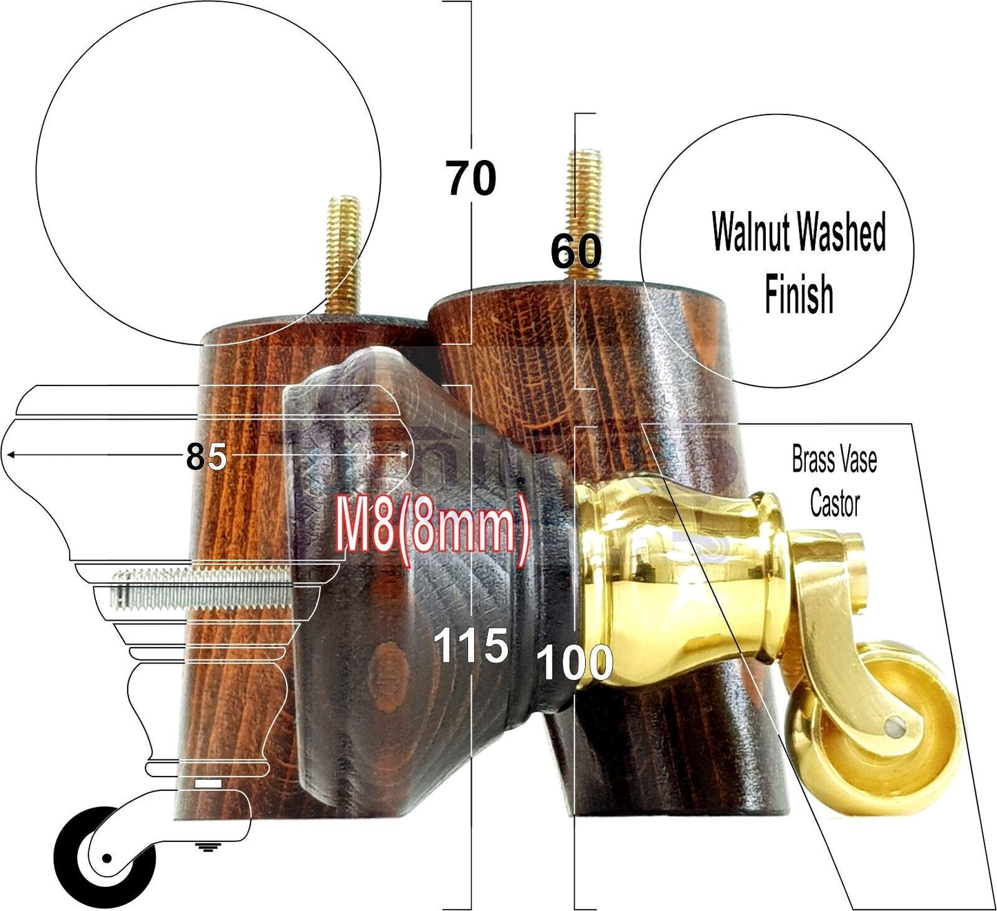 2 Dark Walnut Washed Wood Furniture Sofa Legs With Castor 125mm & 2 Angled Back Feet Chair Settee 100mm High M8