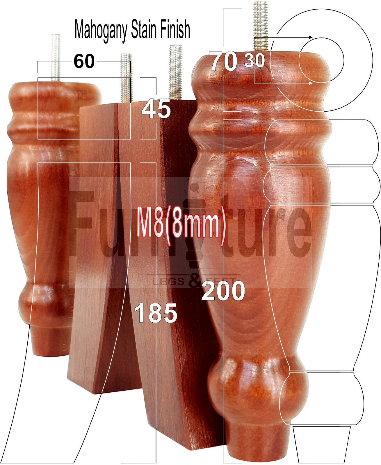 2 Traditional Turned Furniture Feet Replacement Sofa Legs 200mm & 2 Curved Back Legs 185mm for Chairs Stools Sofa Beds Settee Cabinets M8