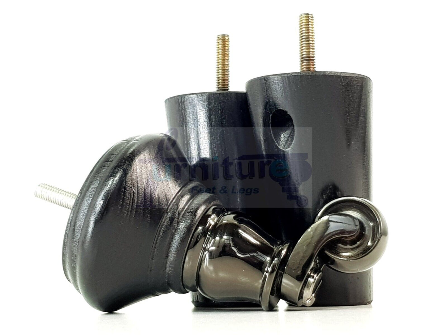 2 Black Wood Furniture Sofa Legs With Castor 125mm & 2 Angled Back Feet Chair Settee 100mm High M8