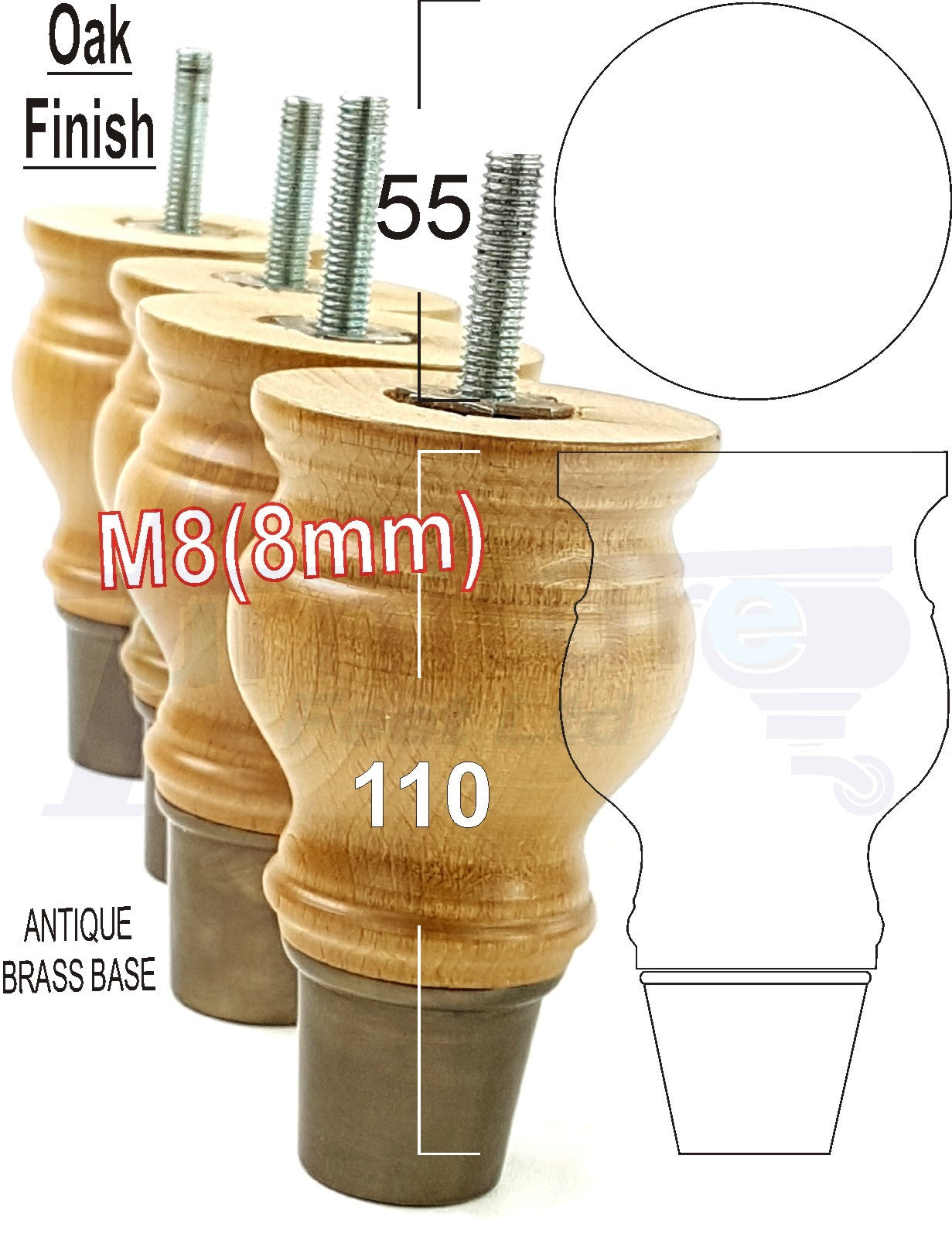 4x Turned Wood Furniture Feet M8(8mm) With Slipper Cup Chair Sofa Settee Legs 110mm