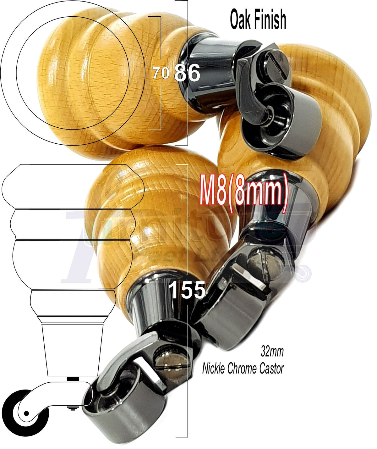 4 Turned Wooden Replacement Furniture Legs with Castors 6 Inch 155mm High Sofa Feet M8 Dowl Fixing - Black Castor