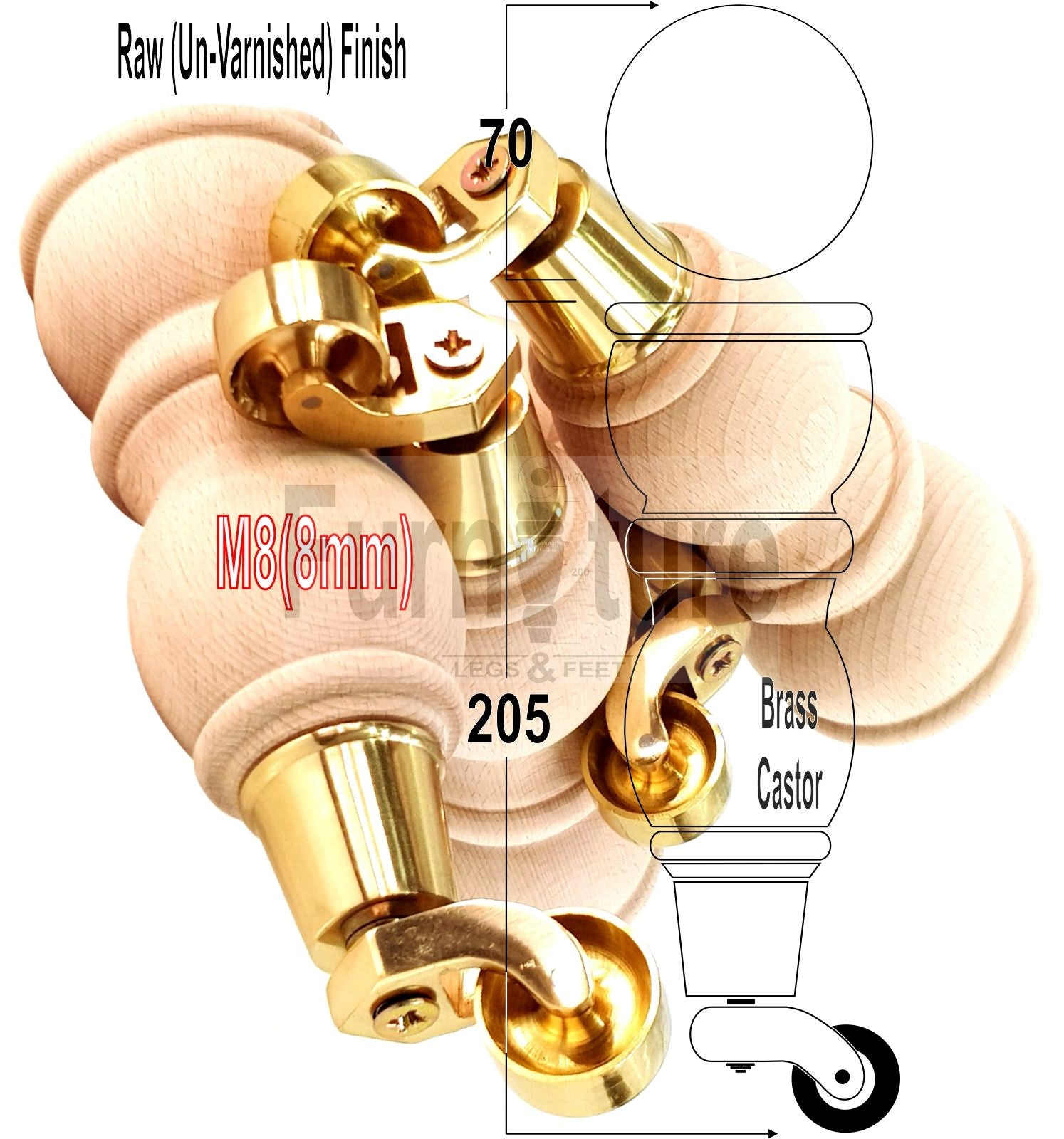 4 Turned Wood Furniture Feet With Castor 205mm High Legs Raw Wood M8 Sofas Chairs Stools Cabinets 8 Inches Tall 