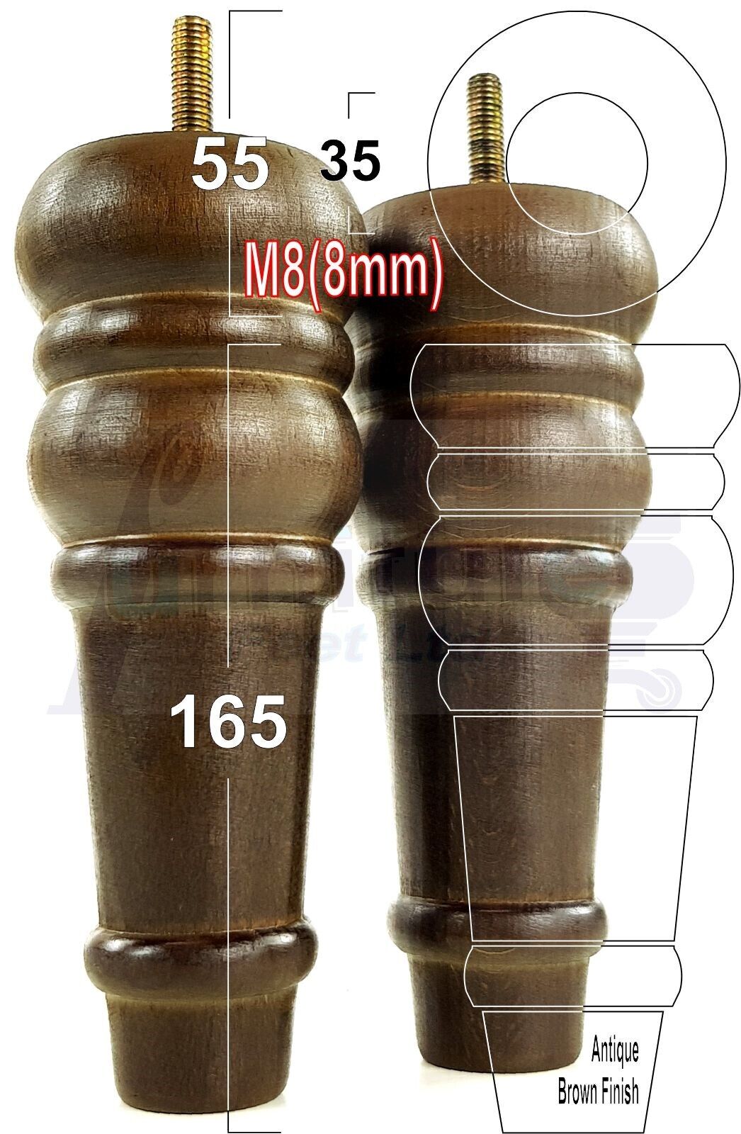 4 Wood Turned Furniture Legs Replacement Bun Feet 165mm High Multiple Colours 6.5 Inches Chairs Stools Sofa's Beds Settee Cabinets M8