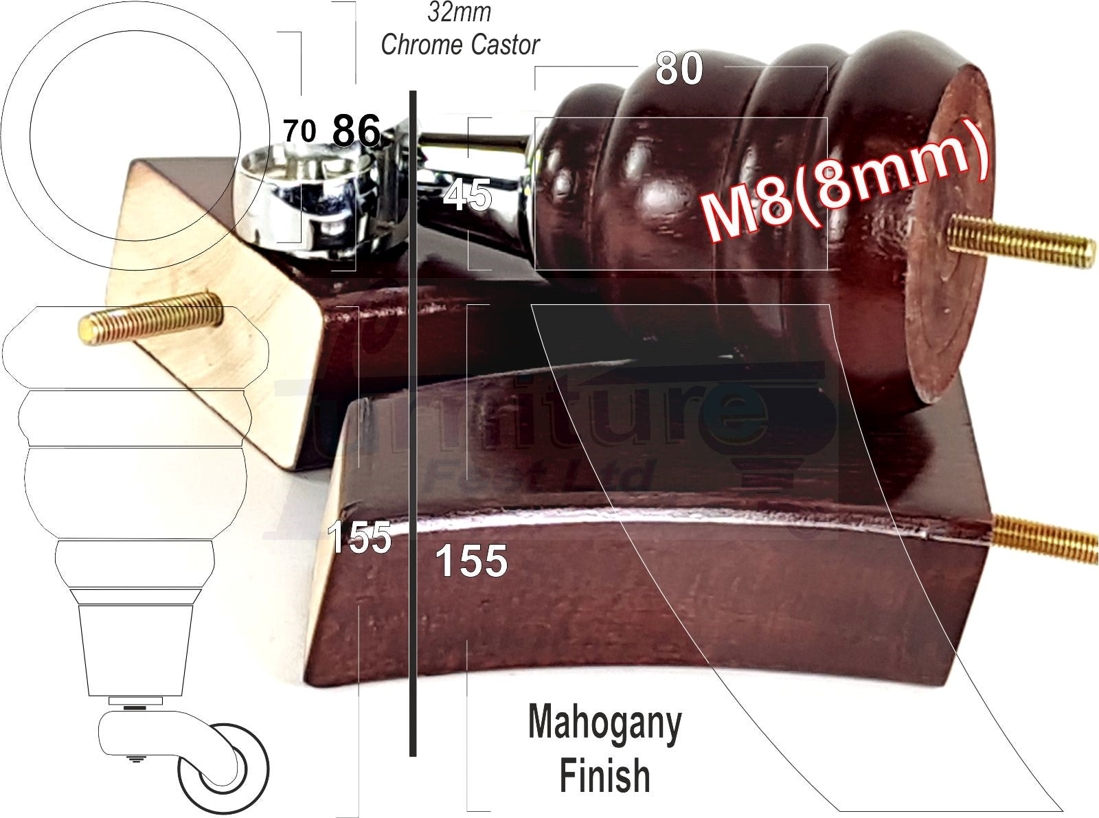 Mahogany Turned Wood Furniture Feet 2 With Castors 155mm and 2 Curved Back Legs Sofas Chairs Stools Cabinets Beds M8 6 Inches