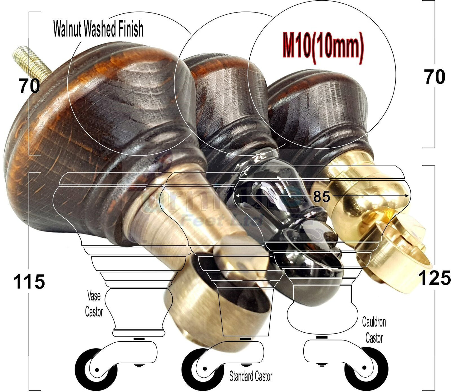 4x Dark Walnut Washed Wooden Furniture Sofa Legs M8 With Castors Replacement Chair Settee Feet 115mm - 125mm High