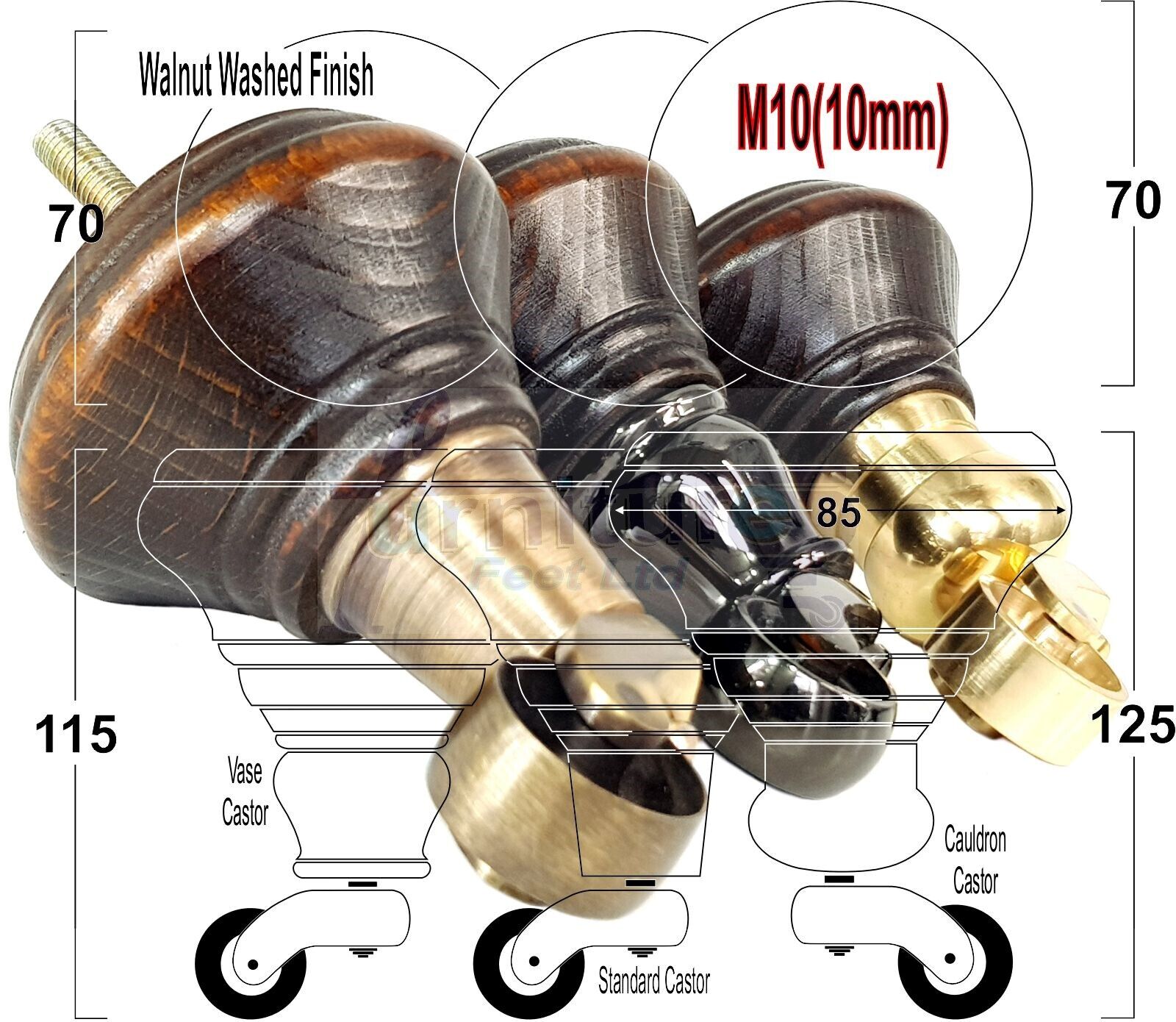 4x Dark Walnut Washed Wooden Furniture Sofa Legs M8 With Castors Replacement Chair Settee Feet 115mm - 125mm High