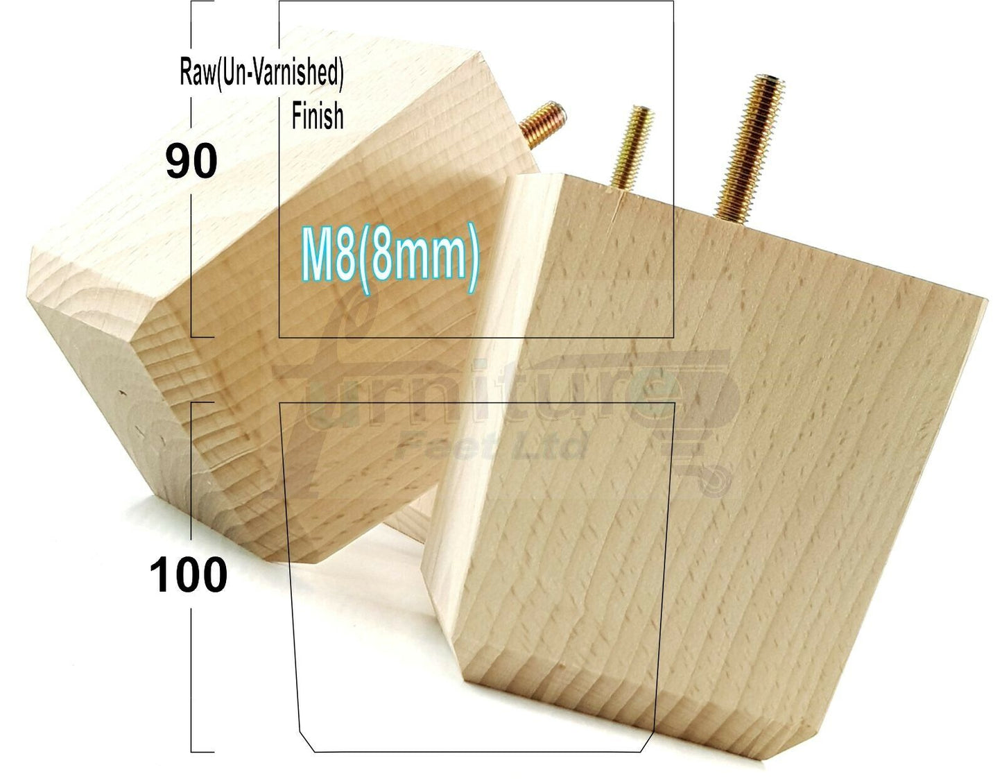 4x Solid Wood Square Furniture Legs Block Replacement Feet 100mm M8(8mm)