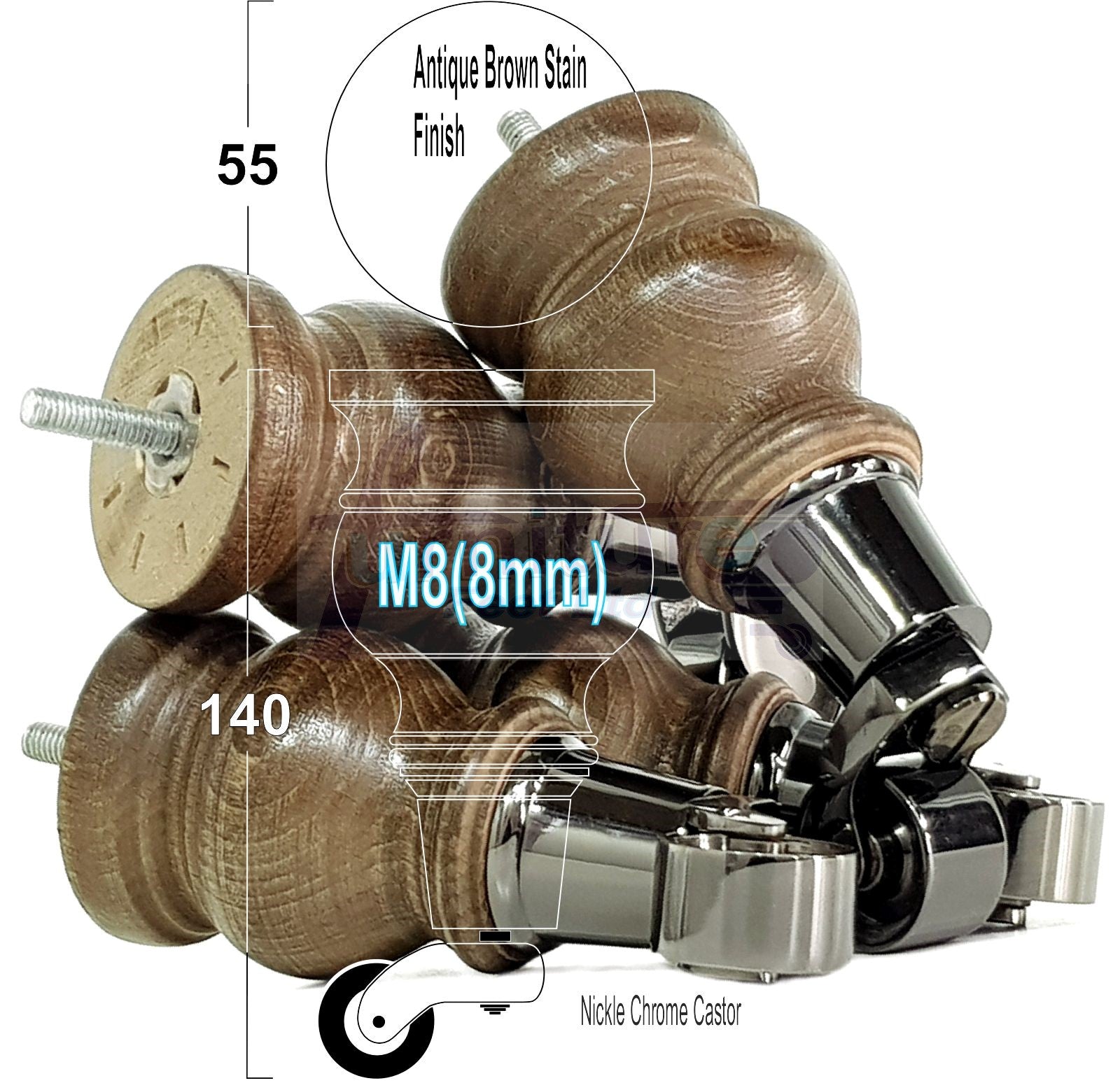 Set Of 4 Turned Wood Furniture Legs With Black Castor Wheels 140mm High M8(8mm)