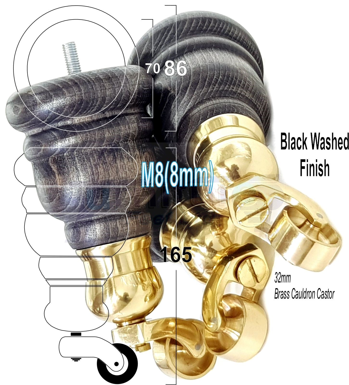 4 Turned Wood Furniture Feet With Brass Cauldron Castors 160mm Legs Sofas Chairs Stools Cabinets Beds M8 6 Inches